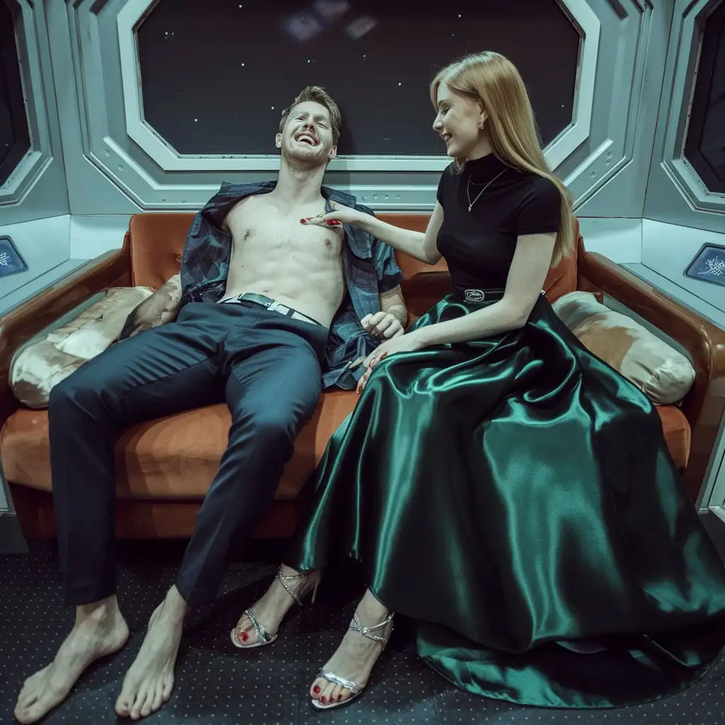 Caucasian-Man-and-Blonde-Woman-Relaxing-on-Spaceship-Sofa