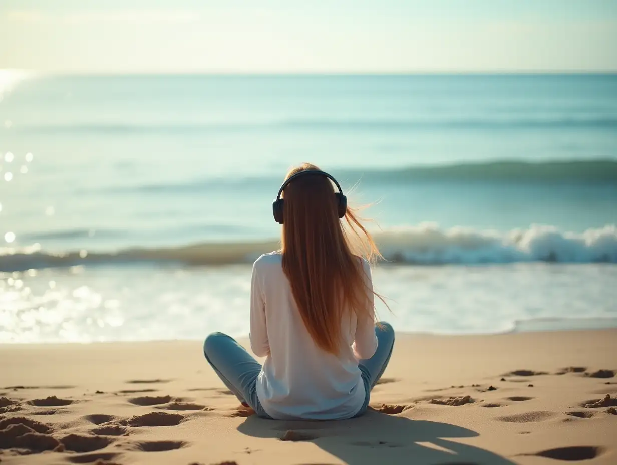 Woman-in-Casual-Attire-Enjoying-a-Serene-Beach-Sunset