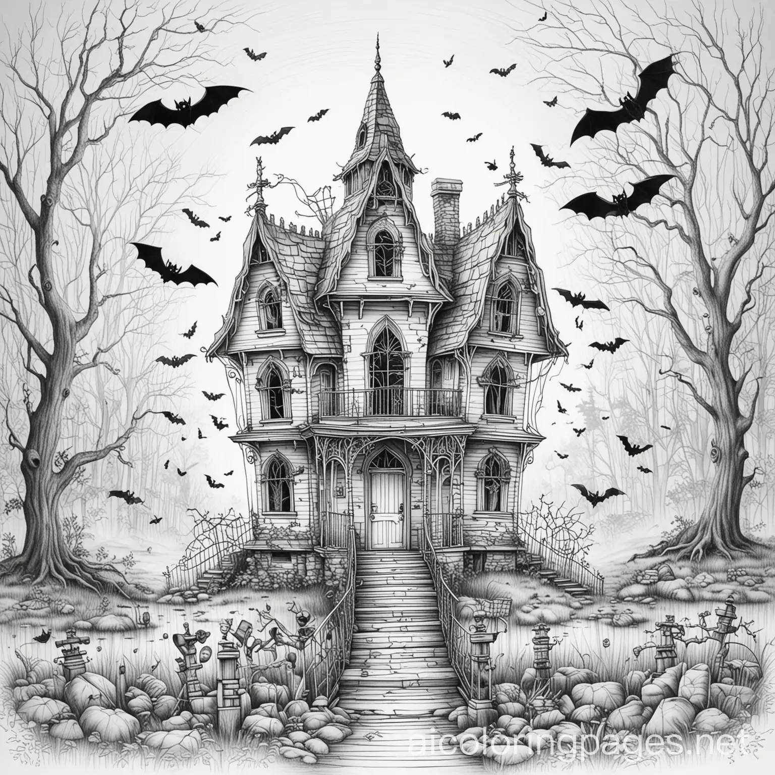 Spooky-Haunted-House-Coloring-Page-with-Bats-and-Cobwebs