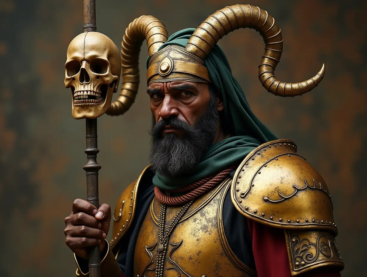 A mix man with gypsy head and golden armor,spear with skull