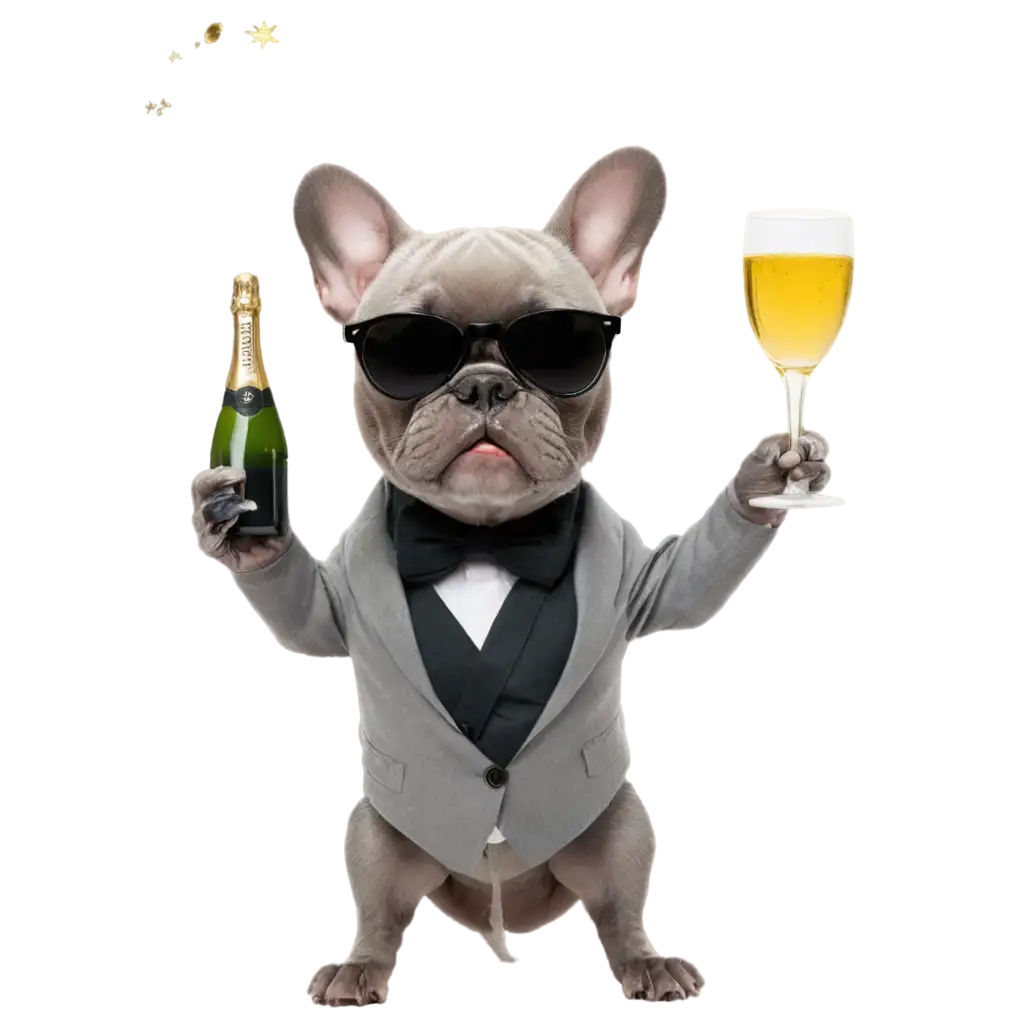 Grey-French-Bulldog-Holding-Champagne-Glass-and-Making-Peace-Sign-PNG-Image