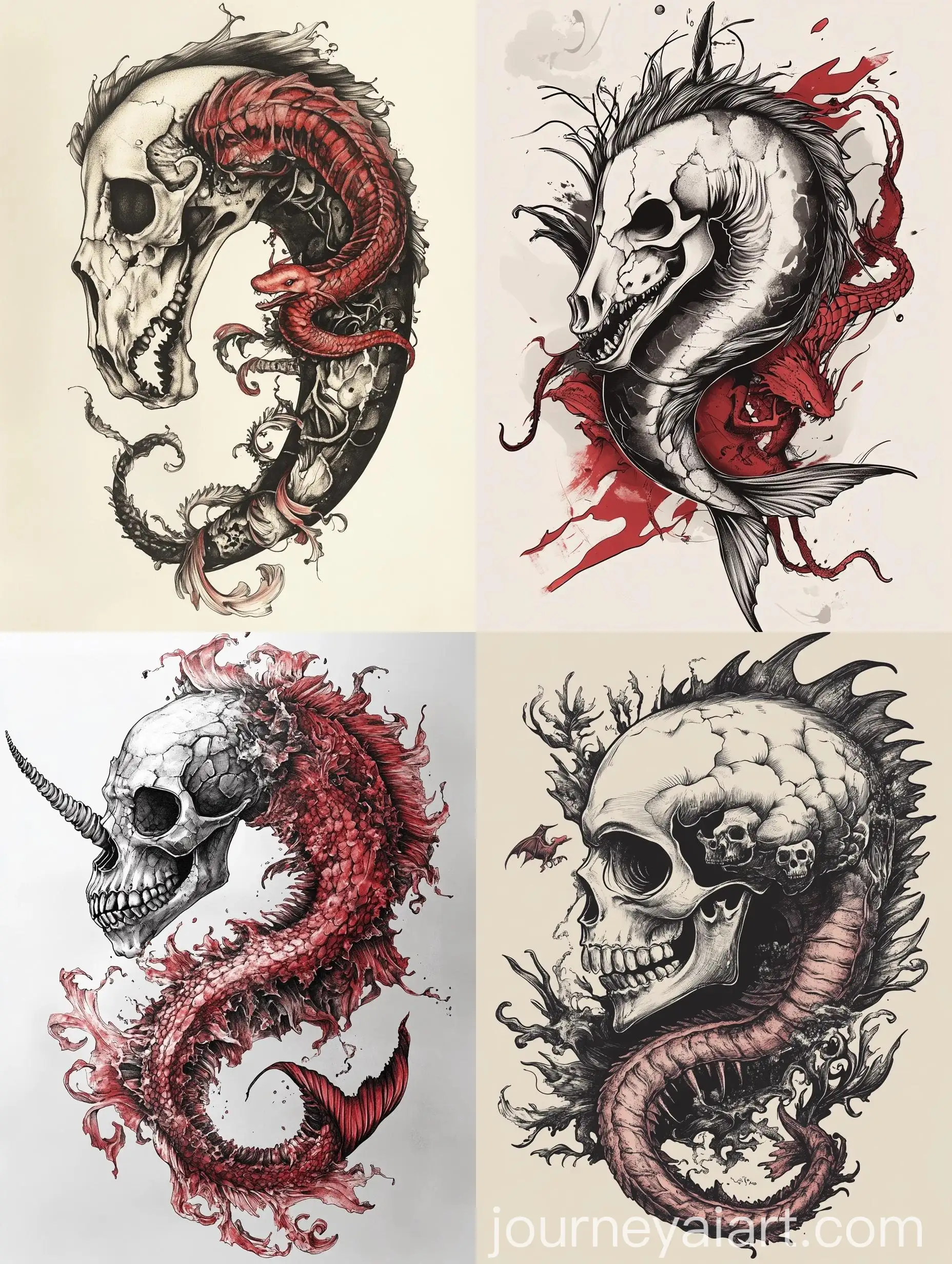 Tattoo-Style-Sea-Horse-and-Skull-with-Flying-Whale