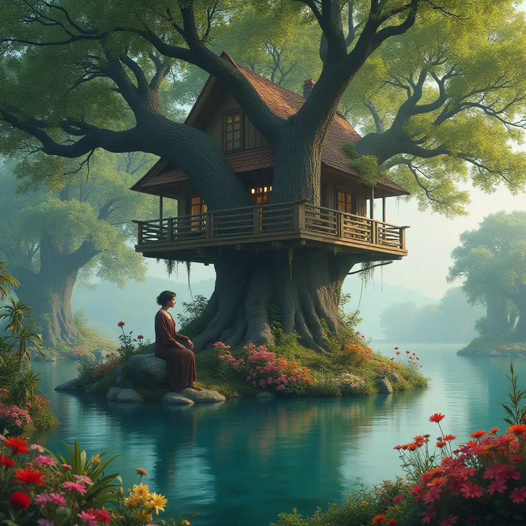 Ultradetailed hyperrealistic fotorealistic 30 mm portrait of a woman sitting on a big tree in a large dreamy lake with a big treehouse, many tall trees, and many colorful flowers and plants Texture, surfaces and lighting, to give depth, dimension and a colorful photorealistic appearance.