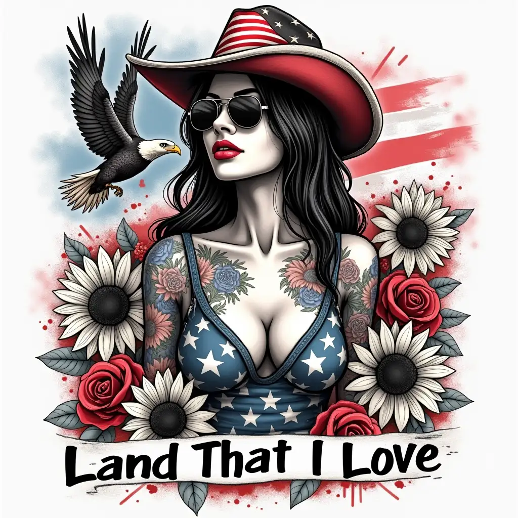 A stylish tattooed woman wearing an American flag cowboy hat and aviator sunglasses, surrounded by black-and-white sunflowers and red roses. A patriotic bald eagle flies in the background, with a faded American flag and artistic paint splatters. The words 'Land That I Love' appear in bold, artistic lettering. Sketch