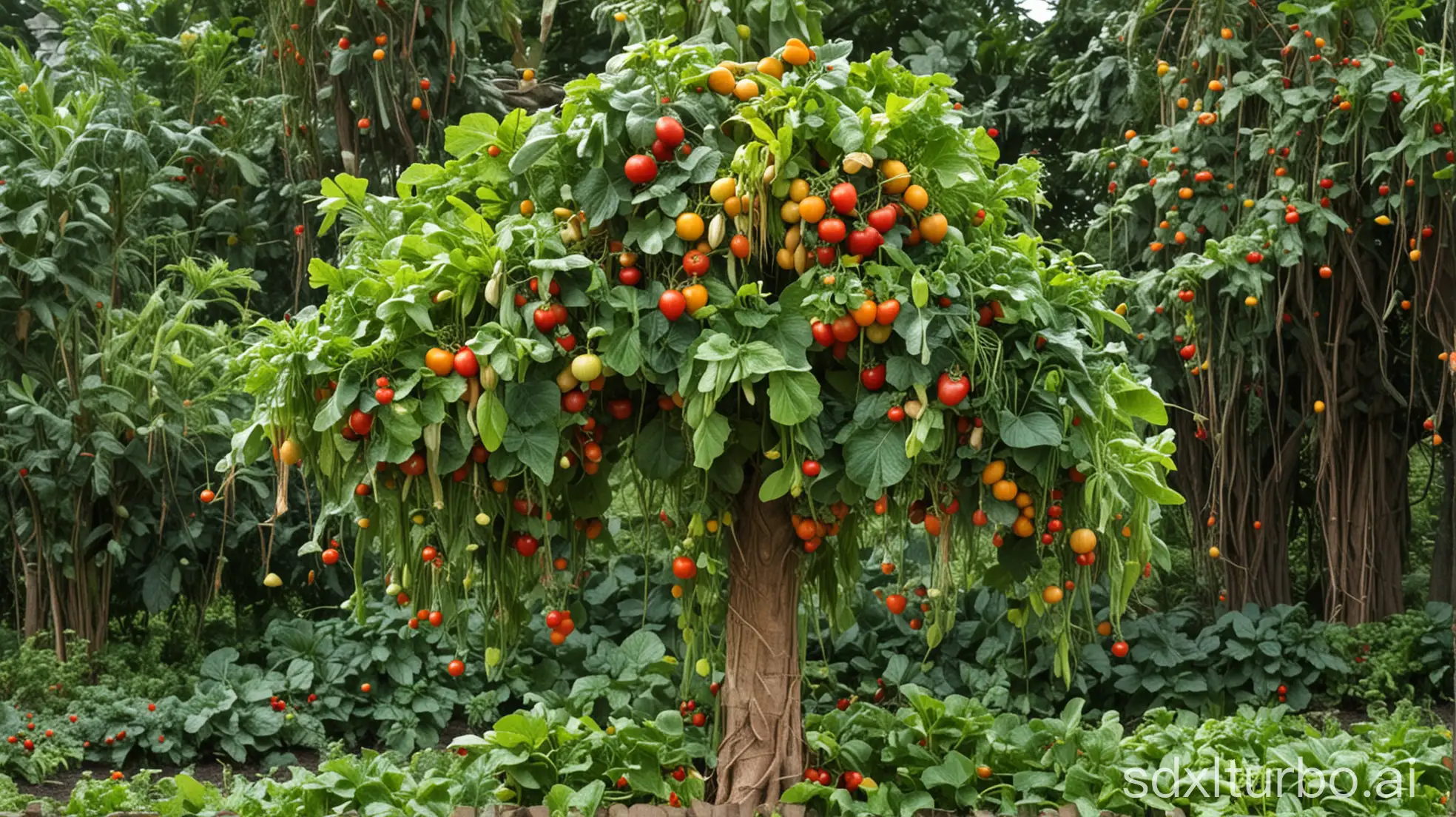 A tree, with tomatoes, papaya, cucumber, lettuce, strawberries, sweet potatoes, corn on it