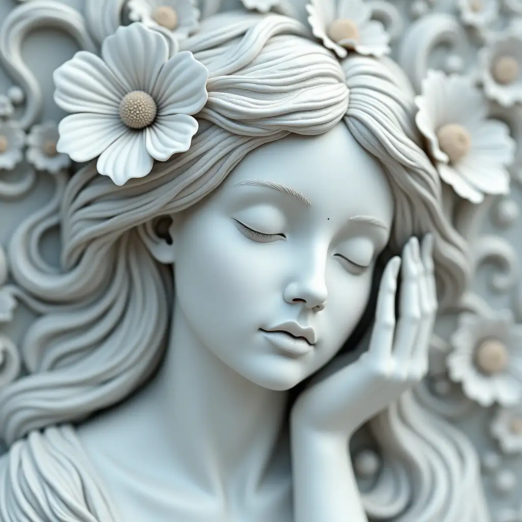 Sculpture-of-a-Womans-Face-in-Ceramic-Tiles-with-Silver-Hair-and-Floral-Accents