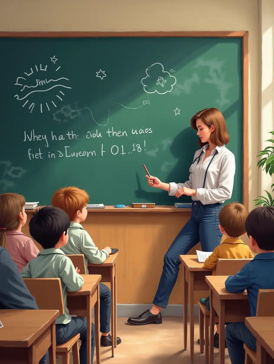 Drawing of a beautiful classroom, weather 13-year-old students and three teachers sitting in front of the Blackboard