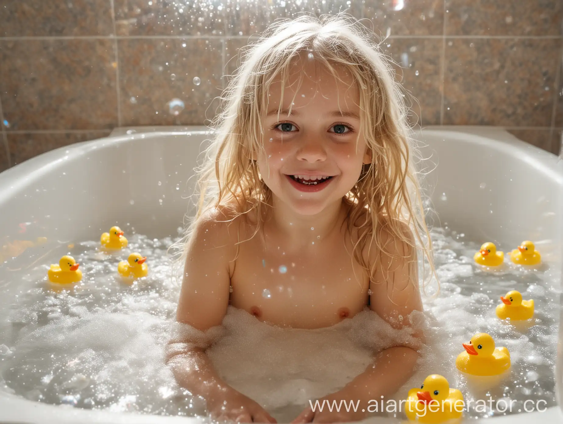 Young-Girl-Playing-with-Rubber-Duckies-in-a-BubbleFilled-Bathtub