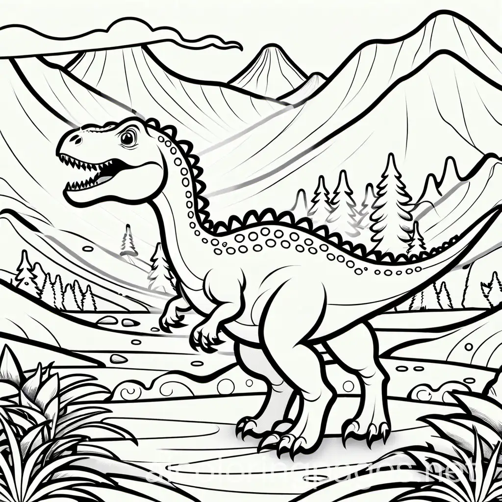 coloring page, dinosaur painting a picture, Coloring Page, black and white, line art, white background, Simplicity, Ample White Space. The background of the coloring page is plain white to make it easy for young children to color within the lines. The outlines of all the subjects are easy to distinguish, making it simple for kids to color without too much difficulty