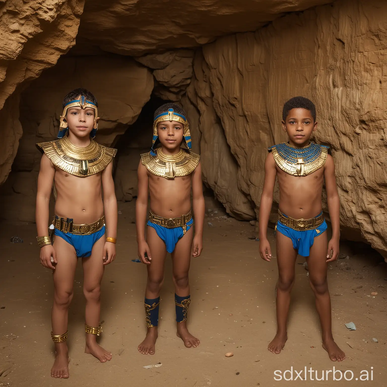 Boys-Dressed-as-Pharaohs-with-Armor-in-Cave