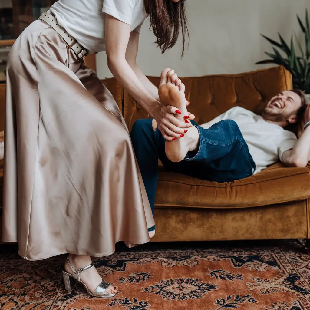 Woman-Playfully-Gripping-Husbands-Foot-While-He-Laughs-on-Sofa