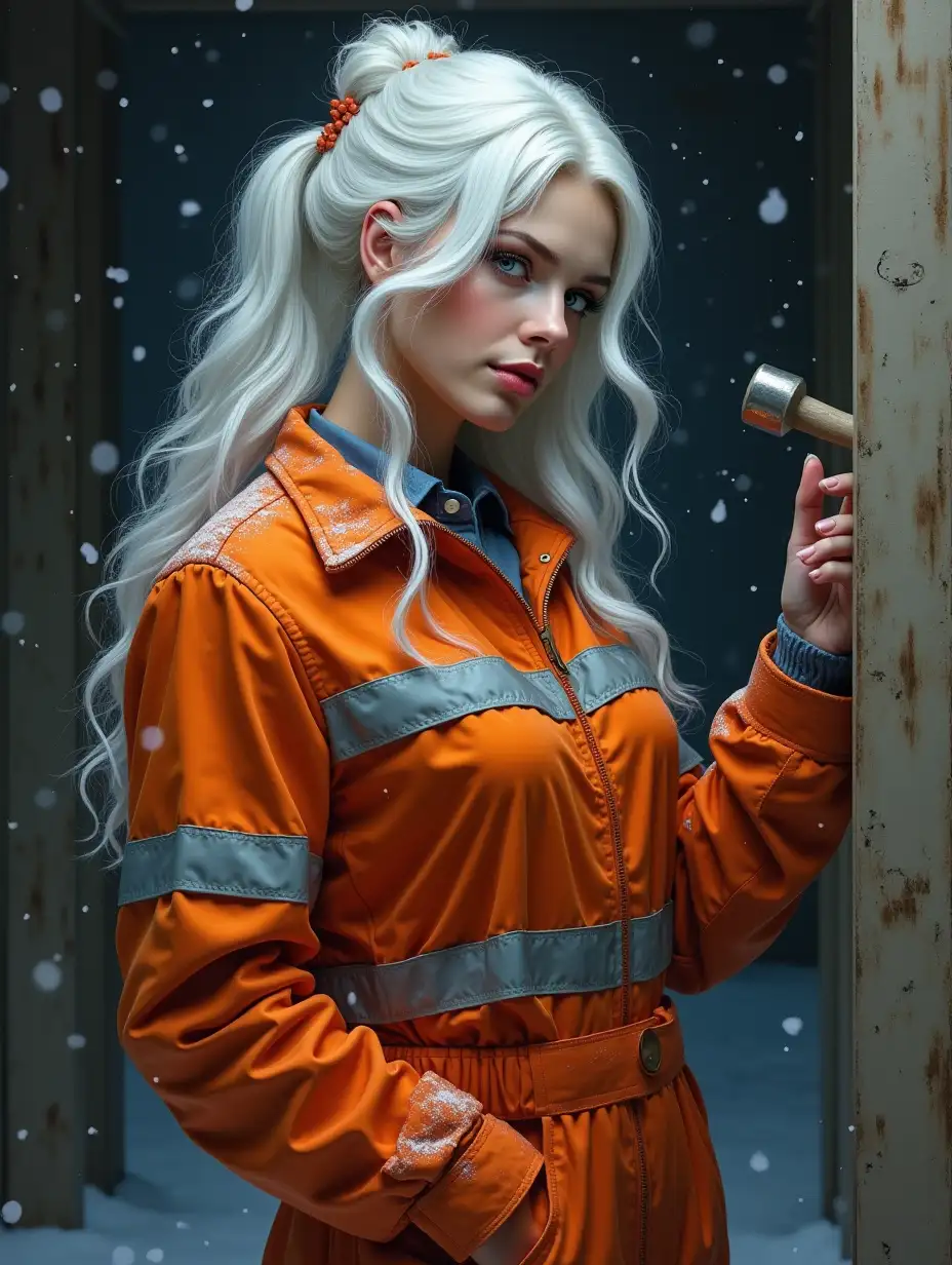 Extremely beautiful with white hair, very detailed, young hot woman, easy to talk to, affectionate, enthusiastic, intricately detailed lighting, surreal, abstract, dark night. House renovations are going on around. This realistic photograph shows an elegant woman in her white and orange work uniform with hammer in hand. It is winter, with snow falling around her. The image is of exceptionally high quality, with sharp details and vibrant colors that truly bring the subject to life. This mesmerizing image conveys her beauty and strength, making her appear fragile and powerful at the same time. The scene comes alive with vibrant colors and intricate details, creating a realistic and captivating painting that exudes a sense of grace and hard work. Every stroke and color choice enhances the intricate depiction of this captivating subject, demonstrating the artist's skill and dedication to her craft.