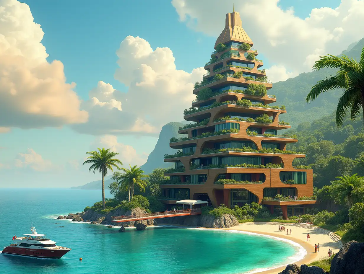 Create a high-resolution, realistic panorama image of a futuristic terrace building with window pyramid house with bridge, a yacht and a small beach with people, many plants and green and yellow and red facades with sea with waves, big trees, orange clouds