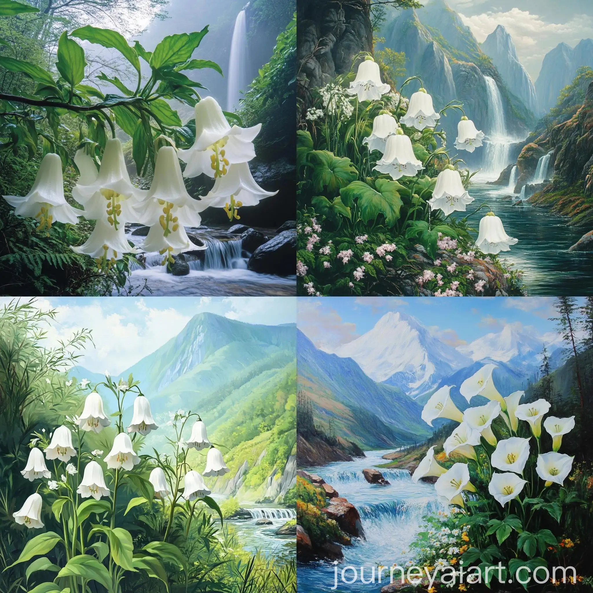 Tranquil-Mountain-Landscape-with-White-Bell-Flowers-and-Greenery