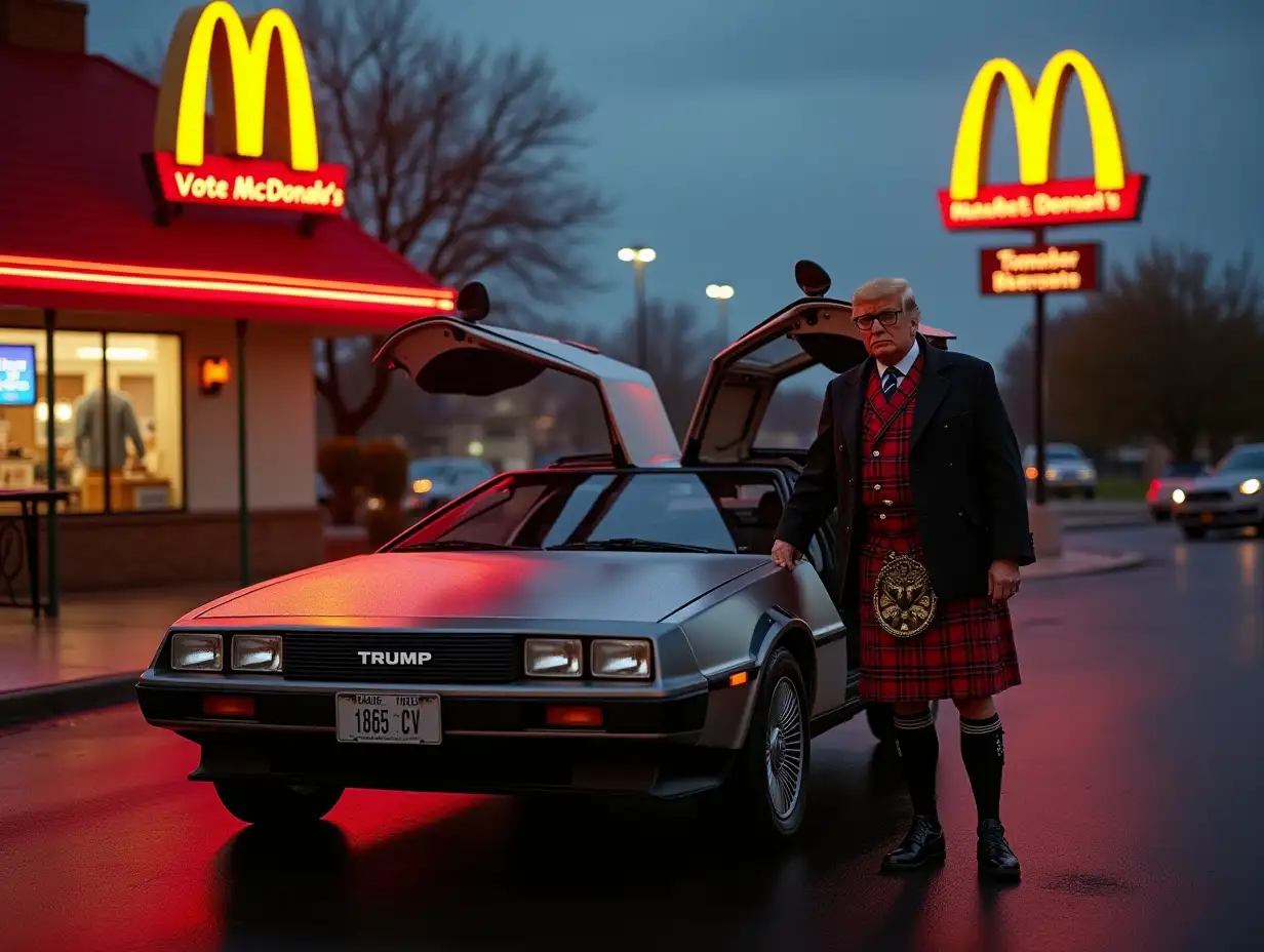 Donald-Trump-in-Scottish-Kilt-at-Dusk-Outside-McDonalds-with-DeLorean-Time-Machine