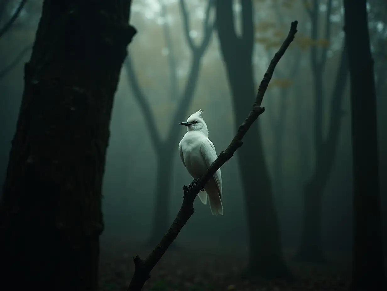 Eerie-Nighttime-Stillness-A-White-Bird-Perched-in-the-Forest