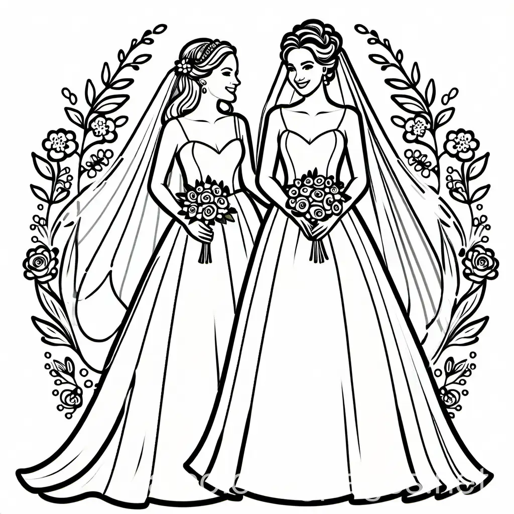 bride and her bridesmaid, Coloring Page, black and white, line art, white background, Simplicity, Ample White Space