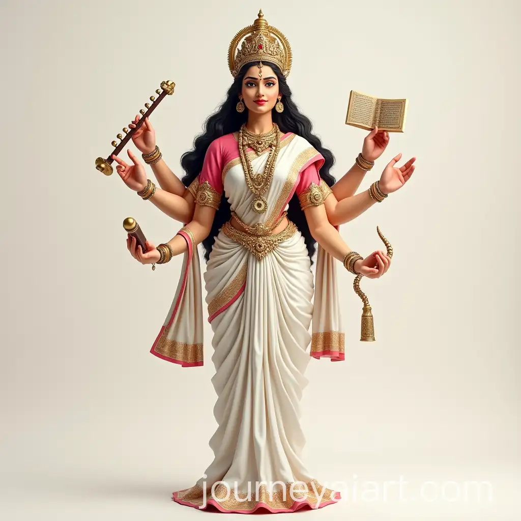 Hindu-Goddess-Saraswati-in-White-Saree-Holding-Vedas-and-Sitar