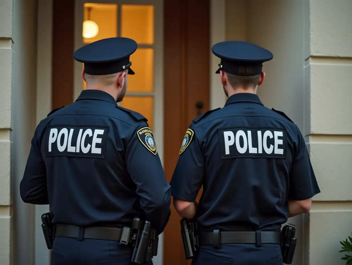 A picture of American policemen standing in front of an apartment door and knocking.