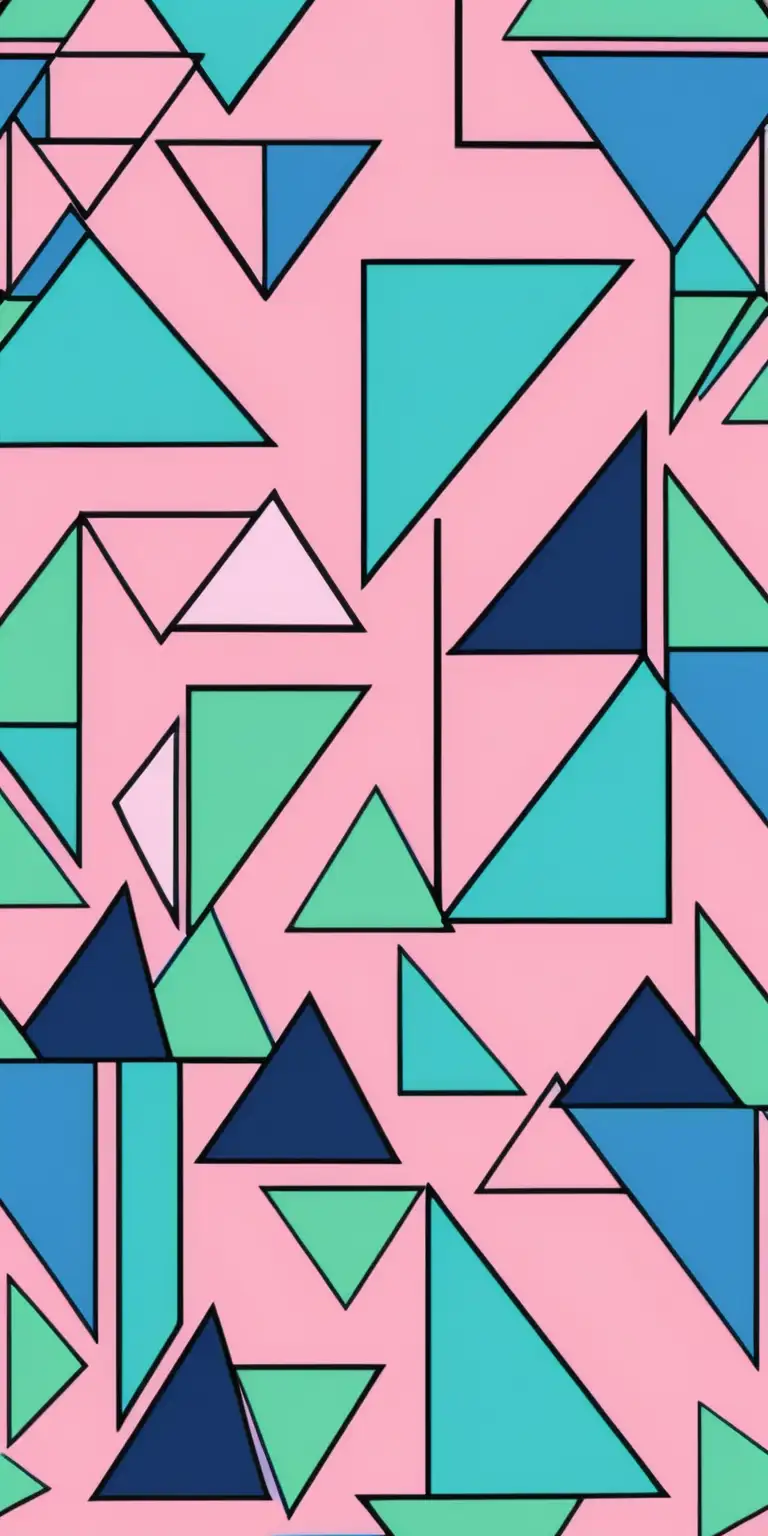 Geometric Memphis Style Pattern with Squares and Triangles in Blue Pink and Green