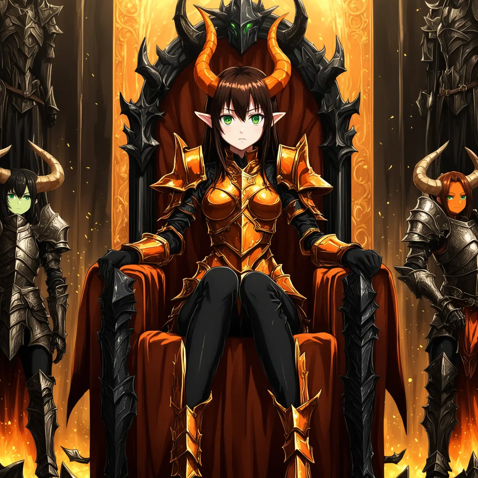 Fantasy Anime Girl with Horns Sitting on Throne in Adventurers Armor