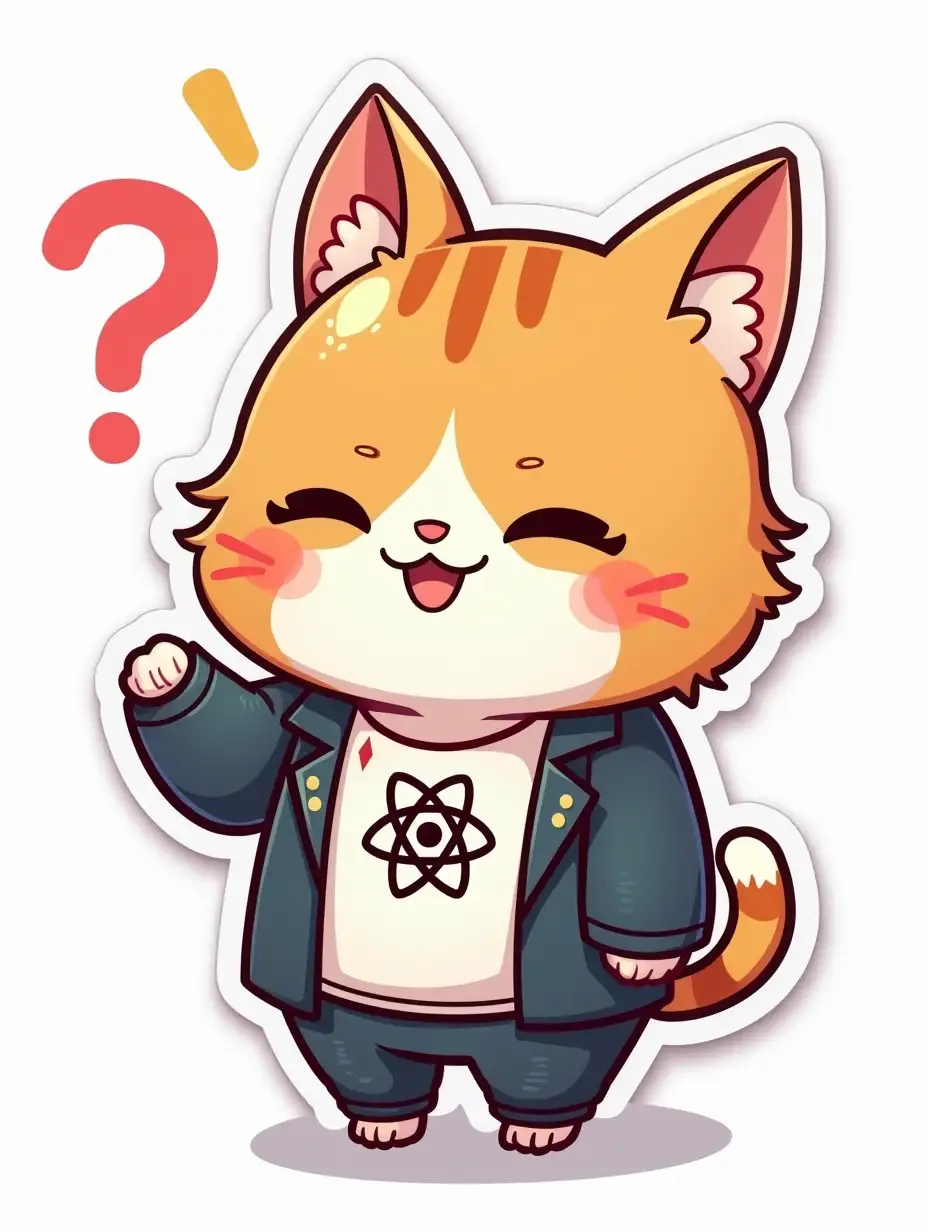 A curvilinearly cut sticker depicting a kawaii positive fluffy little cat in office clothes with an atom symbol on t-shirt.  The face and pose express the emotion of thoughtfulness, the large question mark symbol in the background emits a glow. Vibrant and dynamic die cut sticker design top-view, high resolution, vector art, white background, paint in anime style