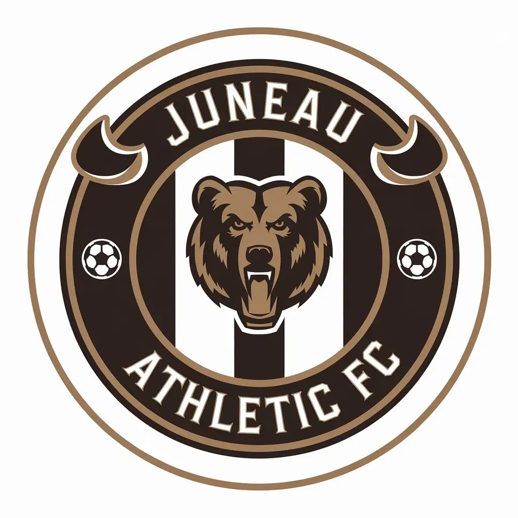 LOGO Design for Juneau Athletic FC Soccer Badge with Brown Black and White Colors Featuring Bear Symbol