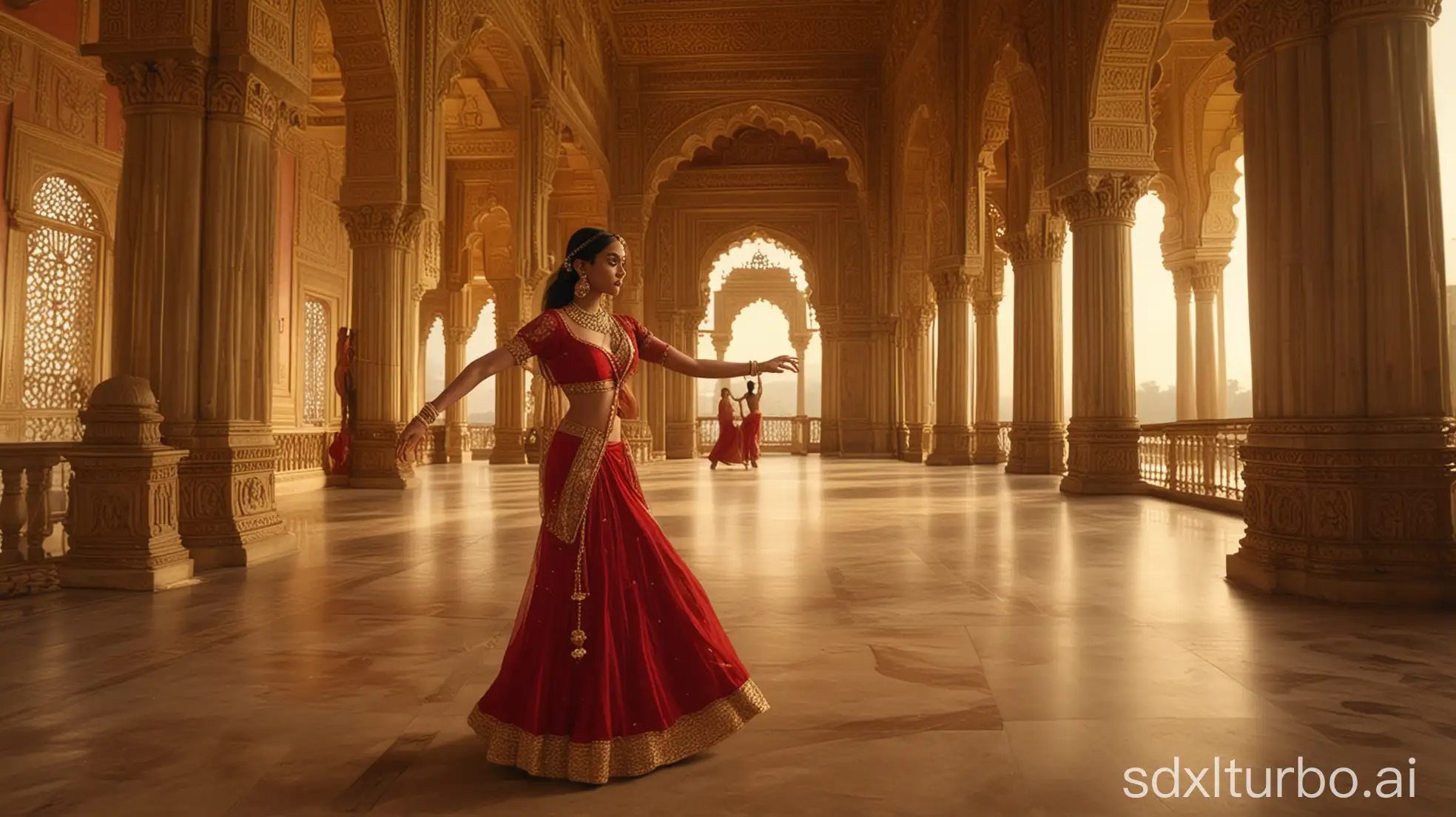 An elegant Indian woman in a sensual red dress, adorned with gold jewelry, is dancing gracefully in the center of a large, luxurious palace with golden pillars and intricate carvings. The palace is grand and ornate, with warm lighting highlighting the beauty of the dancer and the majesty of the surroundings.