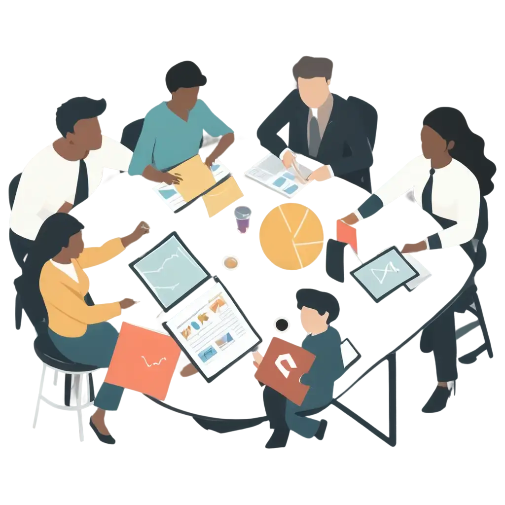 Collaboration-and-Teamwork-PNG-Image-Featuring-Diverse-Business-Professionals-Around-a-Table-with-Laptops-Charts-and-Papers