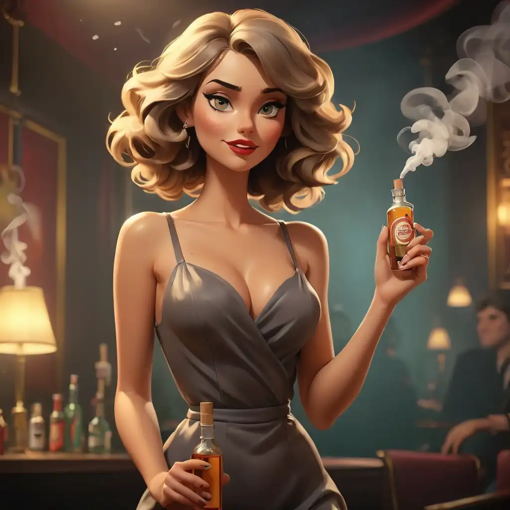 Cartoon-Woman-in-Club-Holding-Bottle-Amidst-Cigarette-Smoke