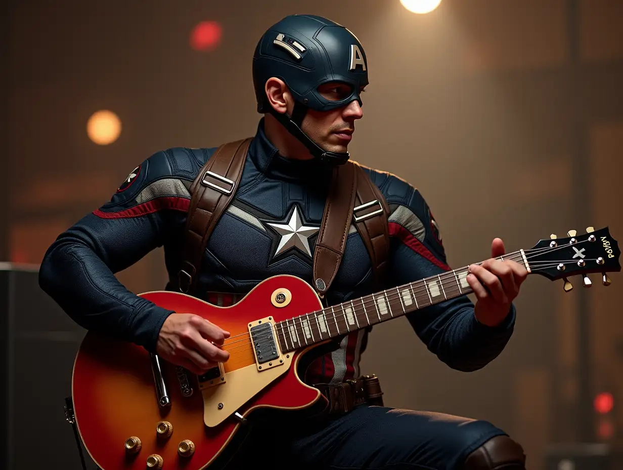 captain america playing guitar riffs as a master