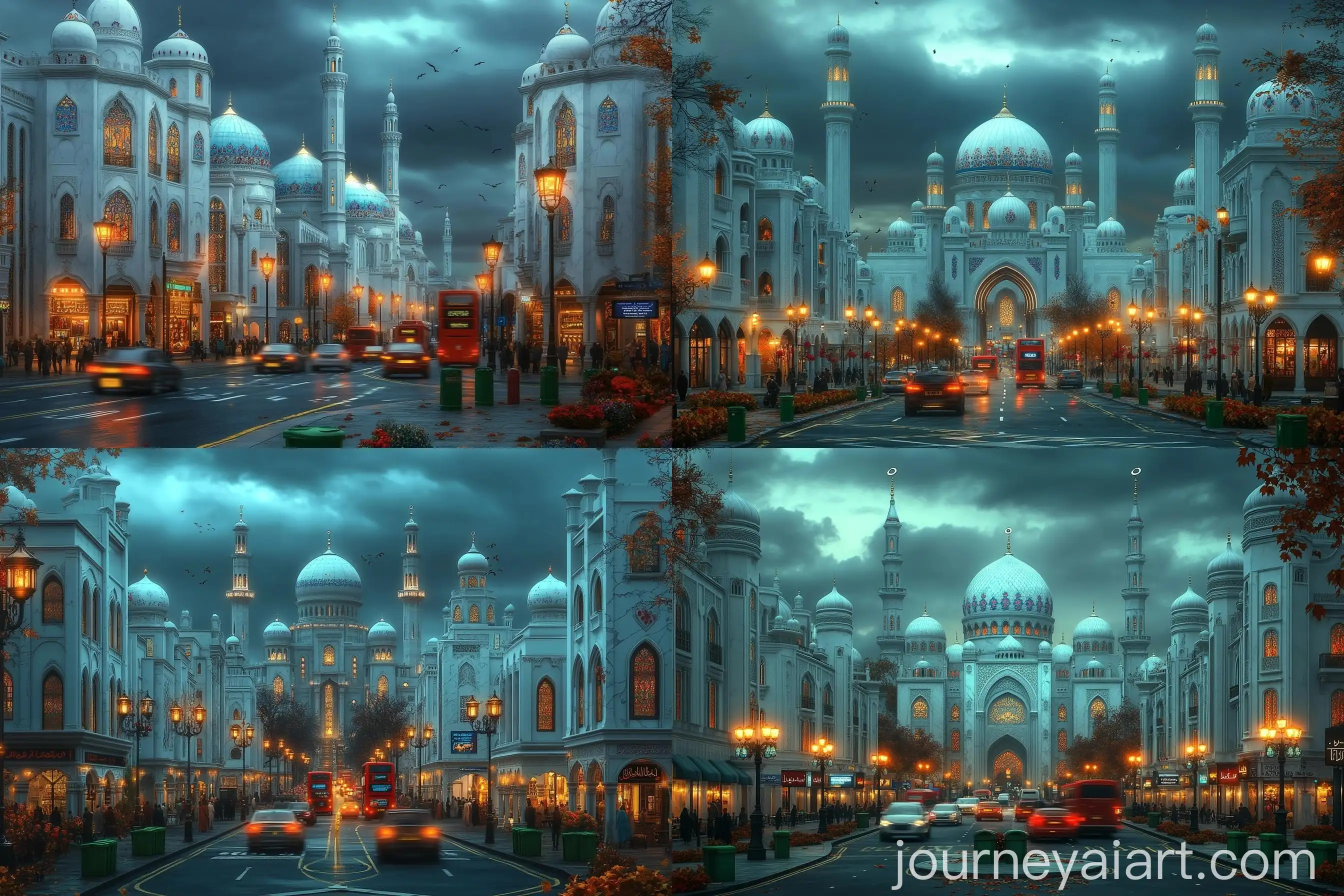 Islamic-Architecture-in-Downtown-London-YIntersection-with-Traffic-and-Skyscrapers
