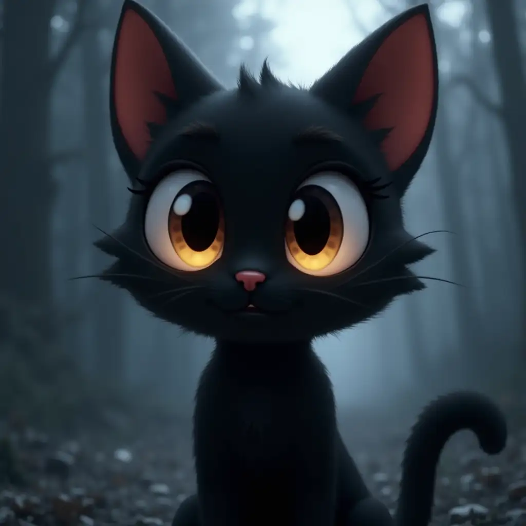 Black cat with large, shiny eyes: In a minimal background, maybe a bit of fog or moonlight. It could look curious or playful. Everything animated