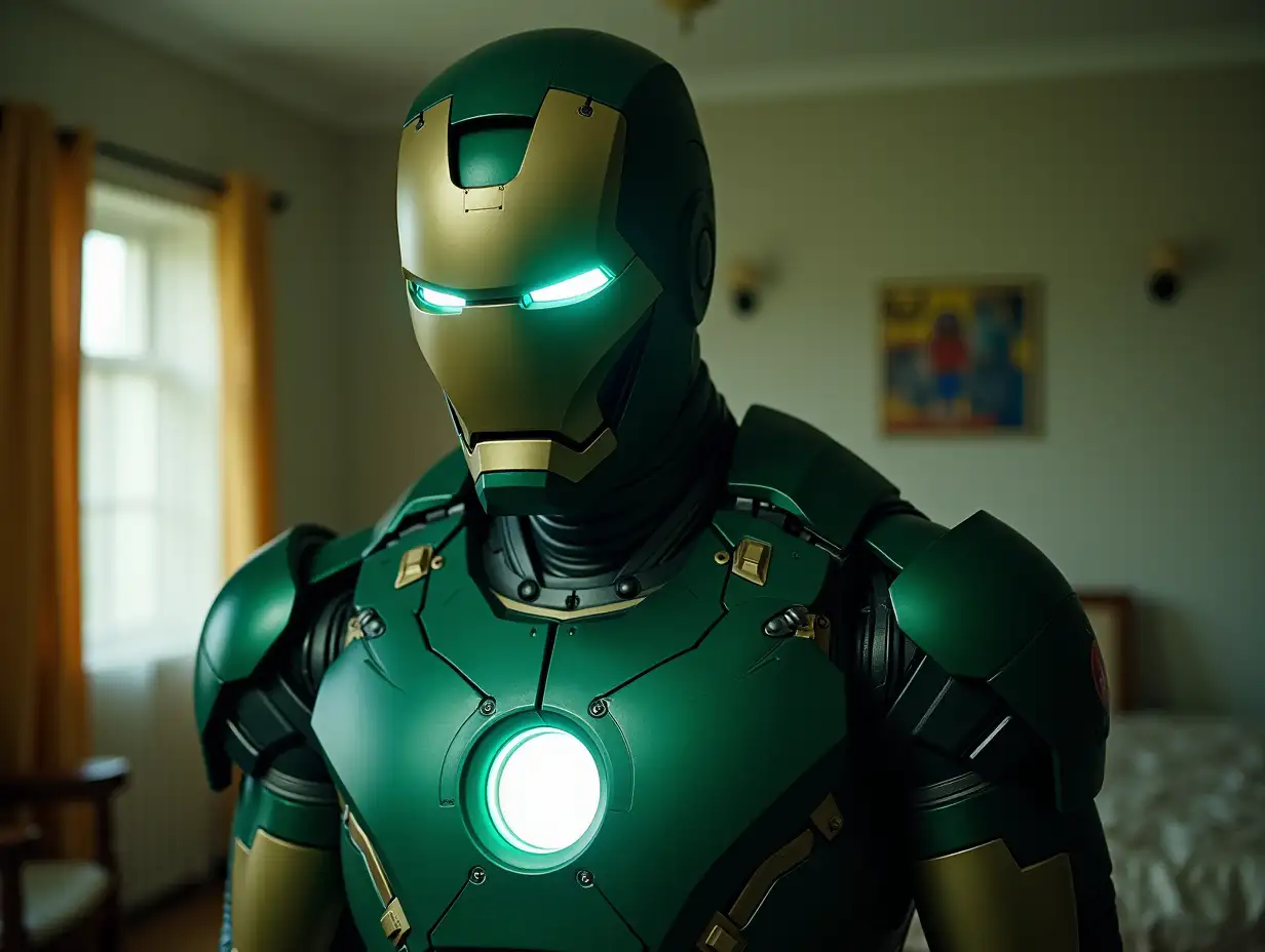 IronMan with green suit portrait in a room on a body