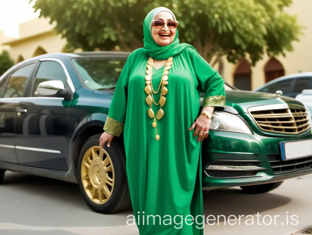 Elderly-Muslim-Woman-in-Stylish-Hijab-Smiling-near-Car-with-Gold-Ornaments