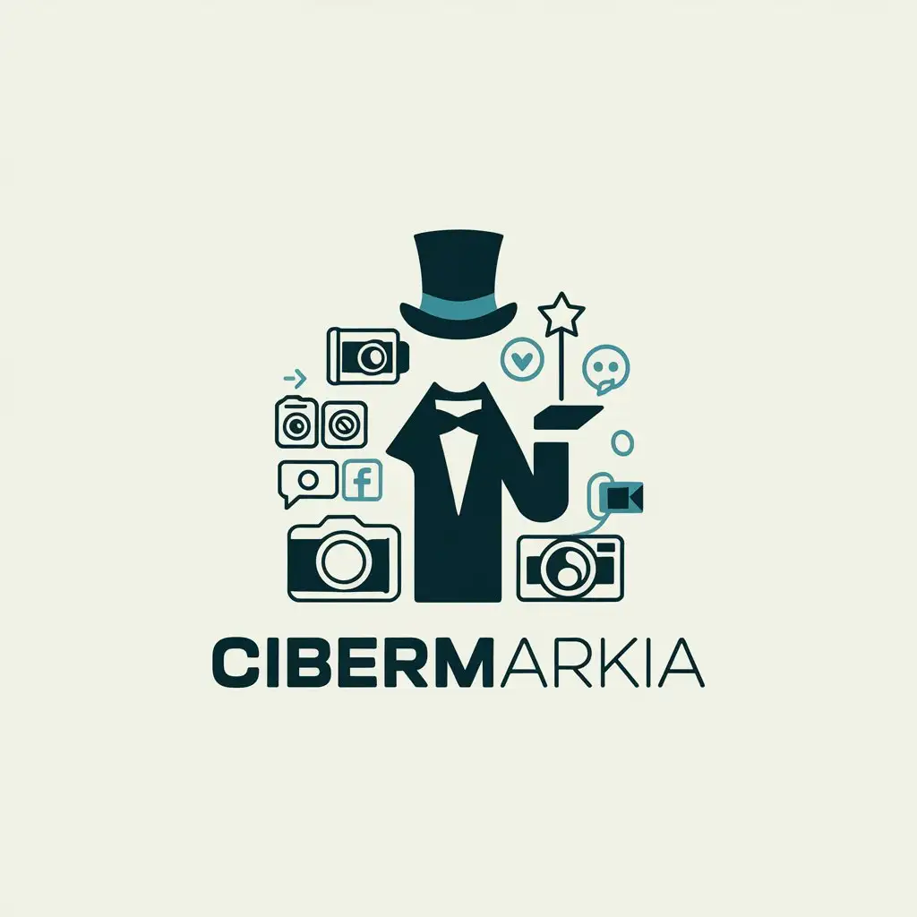 a vector logo design,with the text "CIBERMARKIA", main symbol:logo for a product intended to generate audiovisual content that the letter I that looks like a magician doing magic with the wand and hat in a minimalist way surrounded by photo cameras, video and social media icons, minimalist, used in the events industry, light background,Minimalistic,clear background