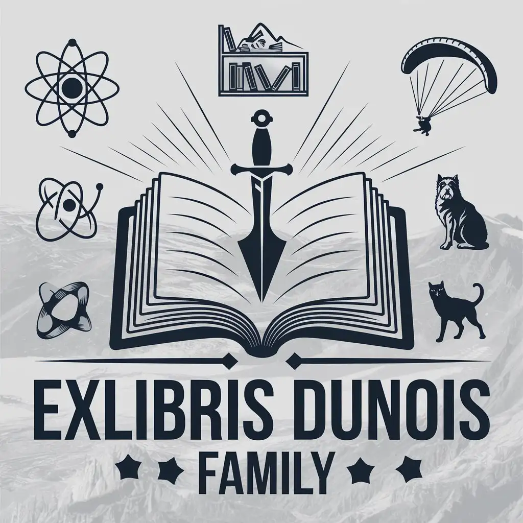 LOGO-Design-For-Exlibris-Dunois-Family-Open-Book-with-Sea-Dagger-Atom-and-Mountain-Range