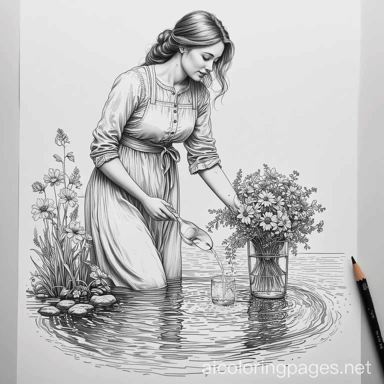 Line-Art-Realistic-Wife-Putting-Flowers-in-Water-Coloring-Page