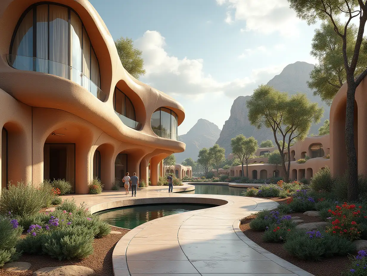 Create a high-resolution, realistic panorama image of a futuristic terrace building with window kugelpalast bridge, one and one with people, many plants and colorful flowers White and brown facades before the sidewalk of the desert oasis, large trees, very cloudy sky