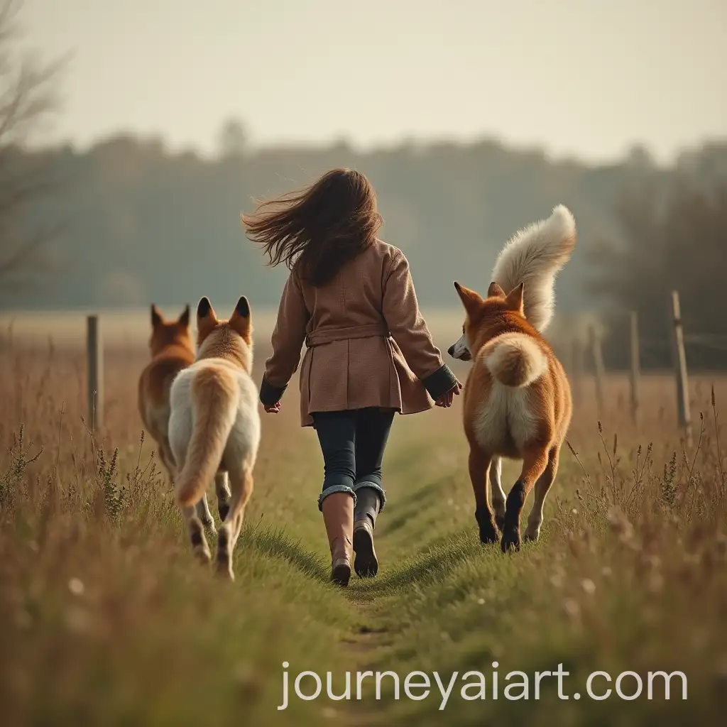 Woman-with-Fox-Tail-Chased-by-Hunt-Dogs-in-Countryside
