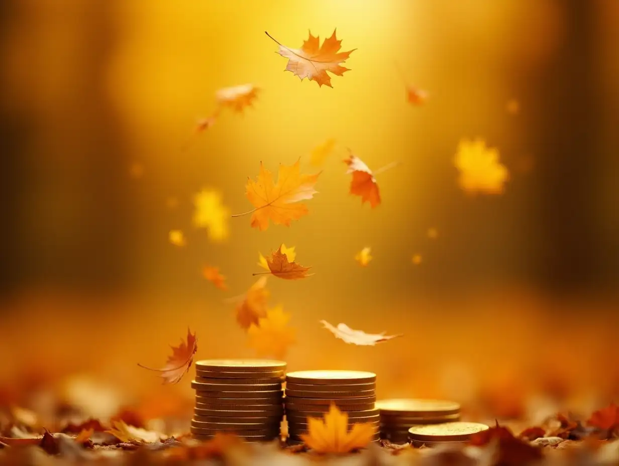 Golden coins of wealth scatter like autumn leaves, a cascading harvest of financial growth