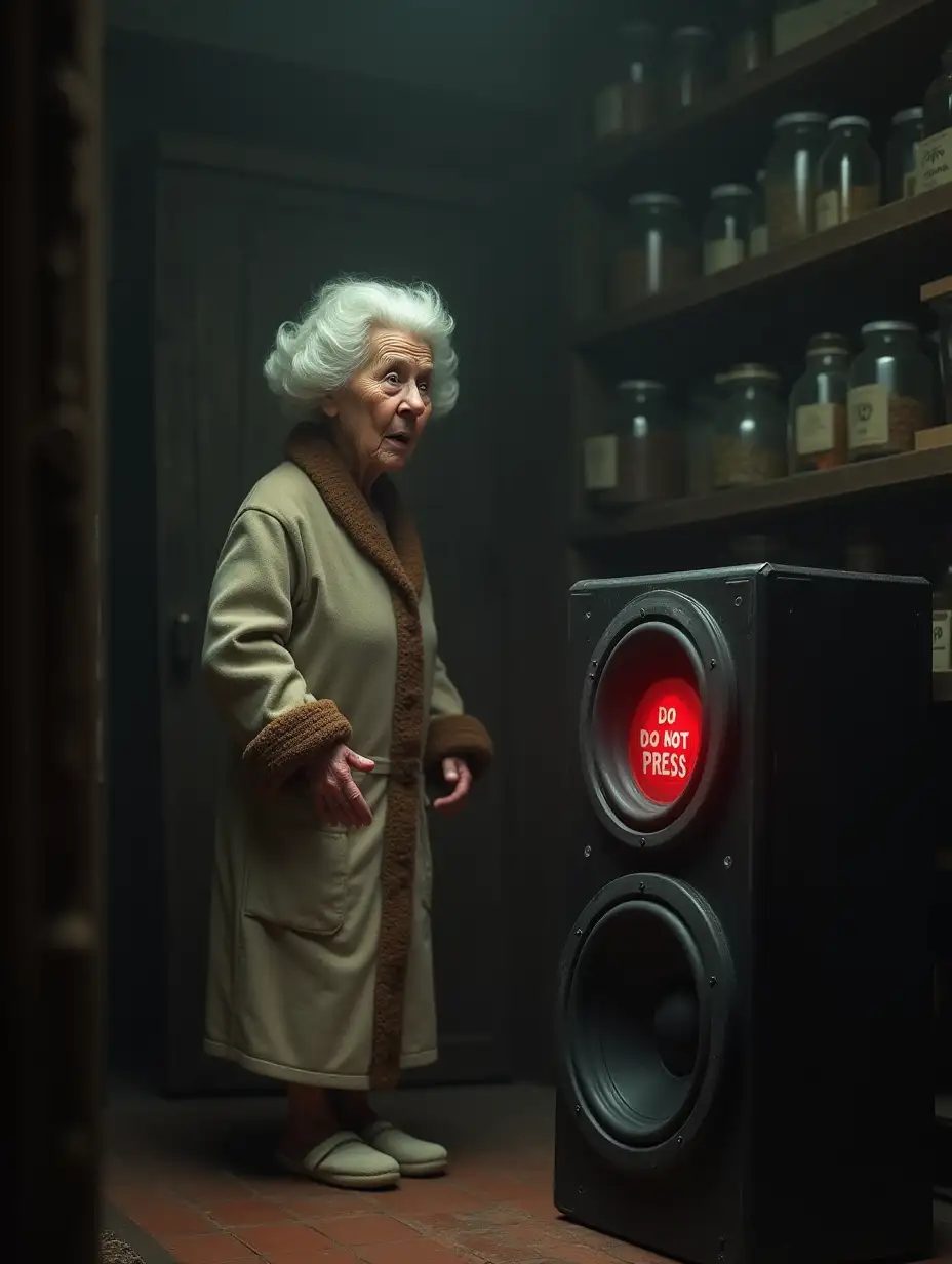 Grandma in a bathrobe and slippers stands in an old pantry and looks in surprise at the strange black subwoofer with a red button 'DO NOT PRESS!'. The camera seems to be focused on the button. Light fog, background - shelves and glass jars. Realistic style, vertical frame.