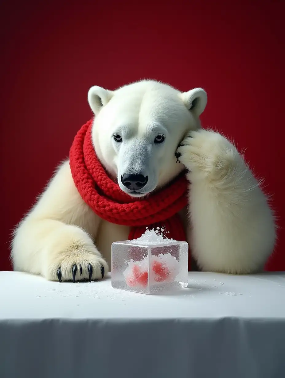 A Studio photo of a huge polar bear with snow-white fur sitting at a table. The bear is wearing a bright red scarf. The bear is crying. On the table in front of the bear is a huge transparent ice cube with frozen fish. The bear is propping up his head with one paw and looking sadly at the table. The polar bear has a very sad expression on his face, with envy and boredom in his eyes. The whole scene conveys a wintery, melancholic mood. Deep red background.