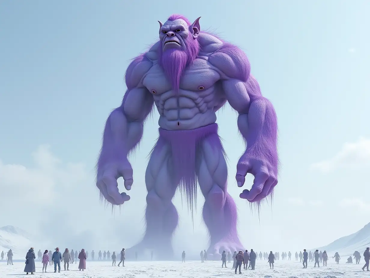 Create for me a 20 meter Android Titan Troll in purple white in a vast snowy desert with many people.