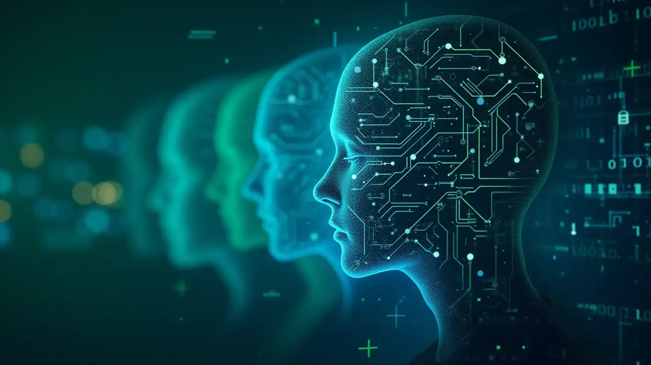 digital illustration featuring multiple overlapping human profiles, each composed of abstract circuit board lines and nodes. The profiles should transition in colors from blue to green, representing a blend of human intelligence and digital technology. The background should consist of binary code (1s and 0s) and flowing data streams, highlighting the connection between the human mind and digital systems. Use a gradient of blue, teal, and green for the profiles and a green or blue background with glowing accents of blue and green to create a futuristic, tech-driven atmosphere. The overall image should convey themes of cybersecurity, artificial intelligence, and the merging of human and digital intelligence. Abstract cyber security concept with padlock on digital background