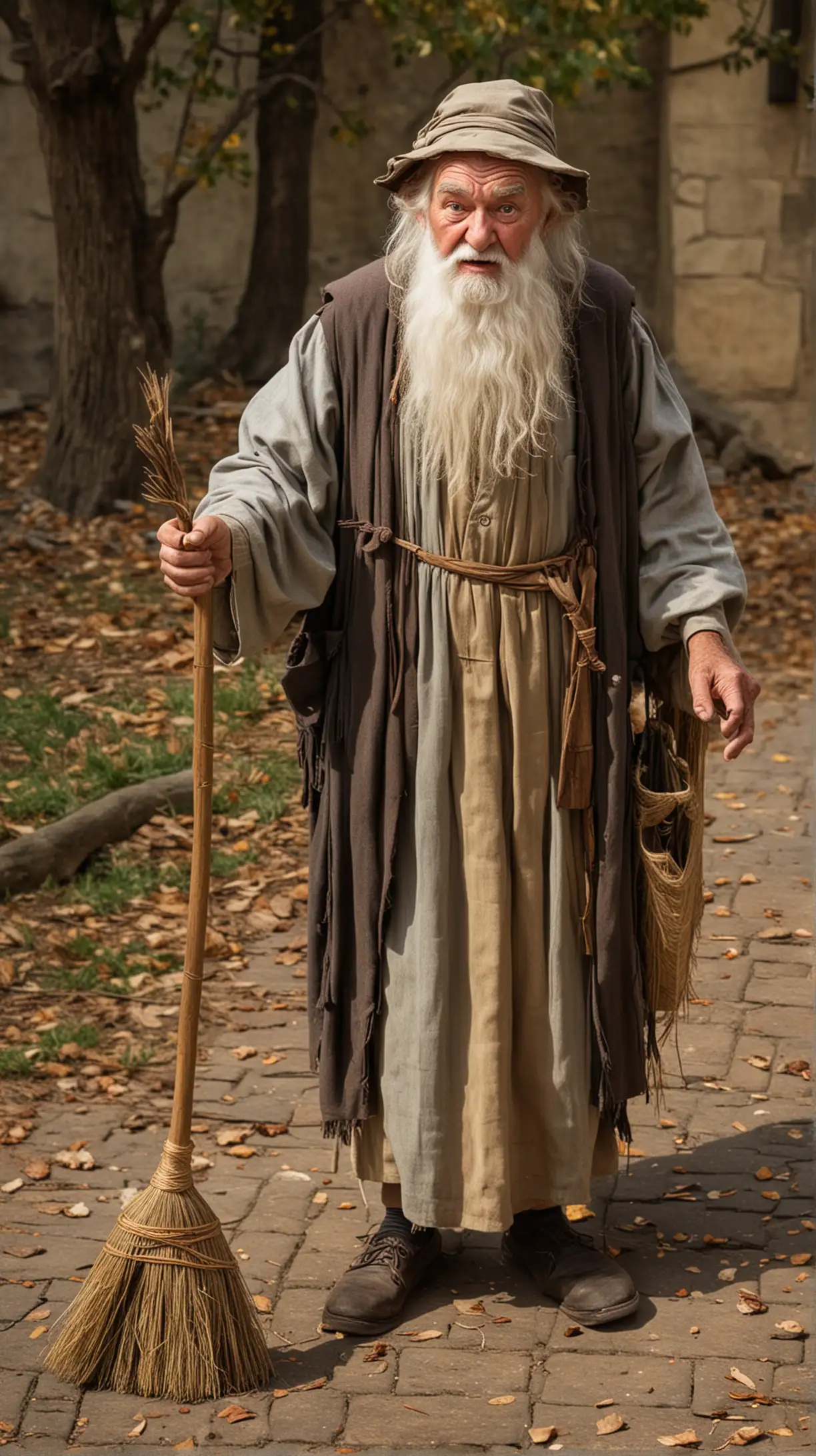 Wise Old Man Teaching Students with Broom and Parable