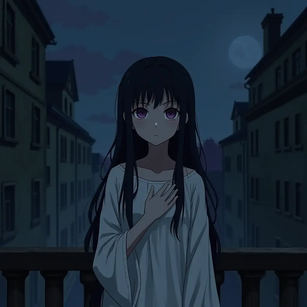 a girl was 173 cm tall. she had dark purple, dim eyes. she had long black hair. she was wearing a white loose dress, below the knees. she was standing on the balcony of an old mansion at night. her eyes were slightly open, and she was holding her hand on her chest.