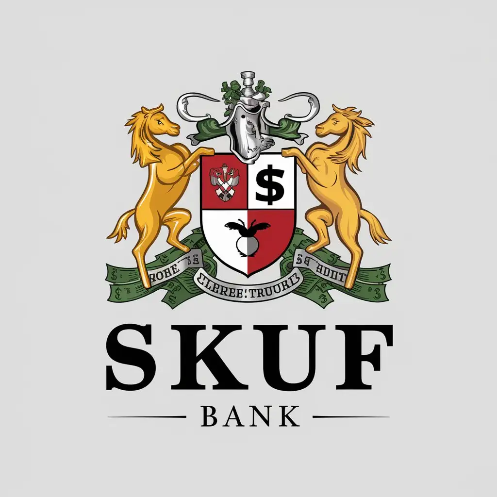 a vector logo design,with the text "skuf bank", main symbol:beer, money, coat of arms,Moderate,be used in bank industry,clear background