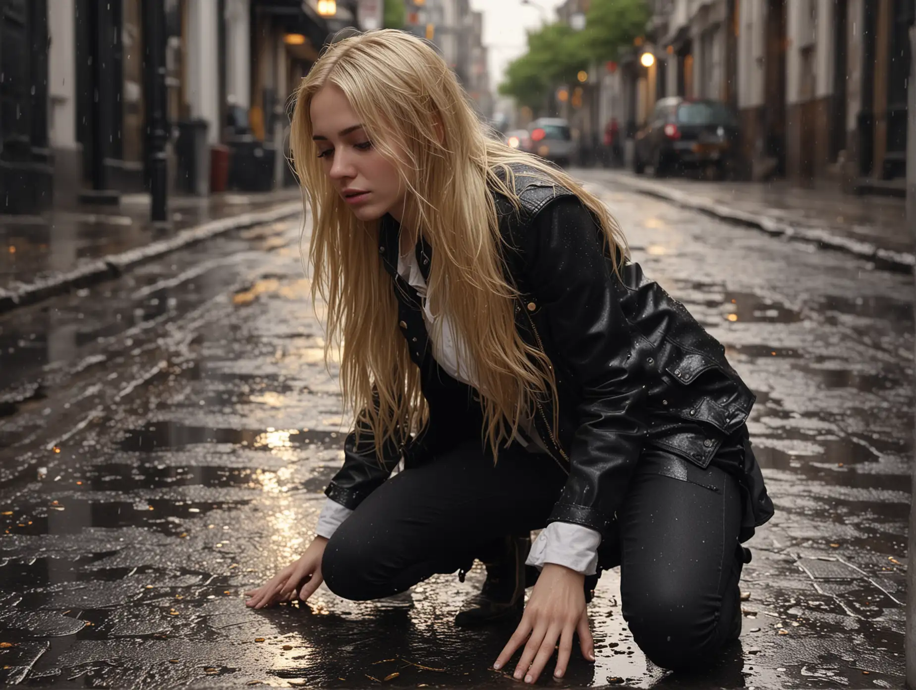 Woman-with-Long-Blonde-Hair-Kneeling-on-a-Filthy-Street-Under-Golden-Sparkling-Rain