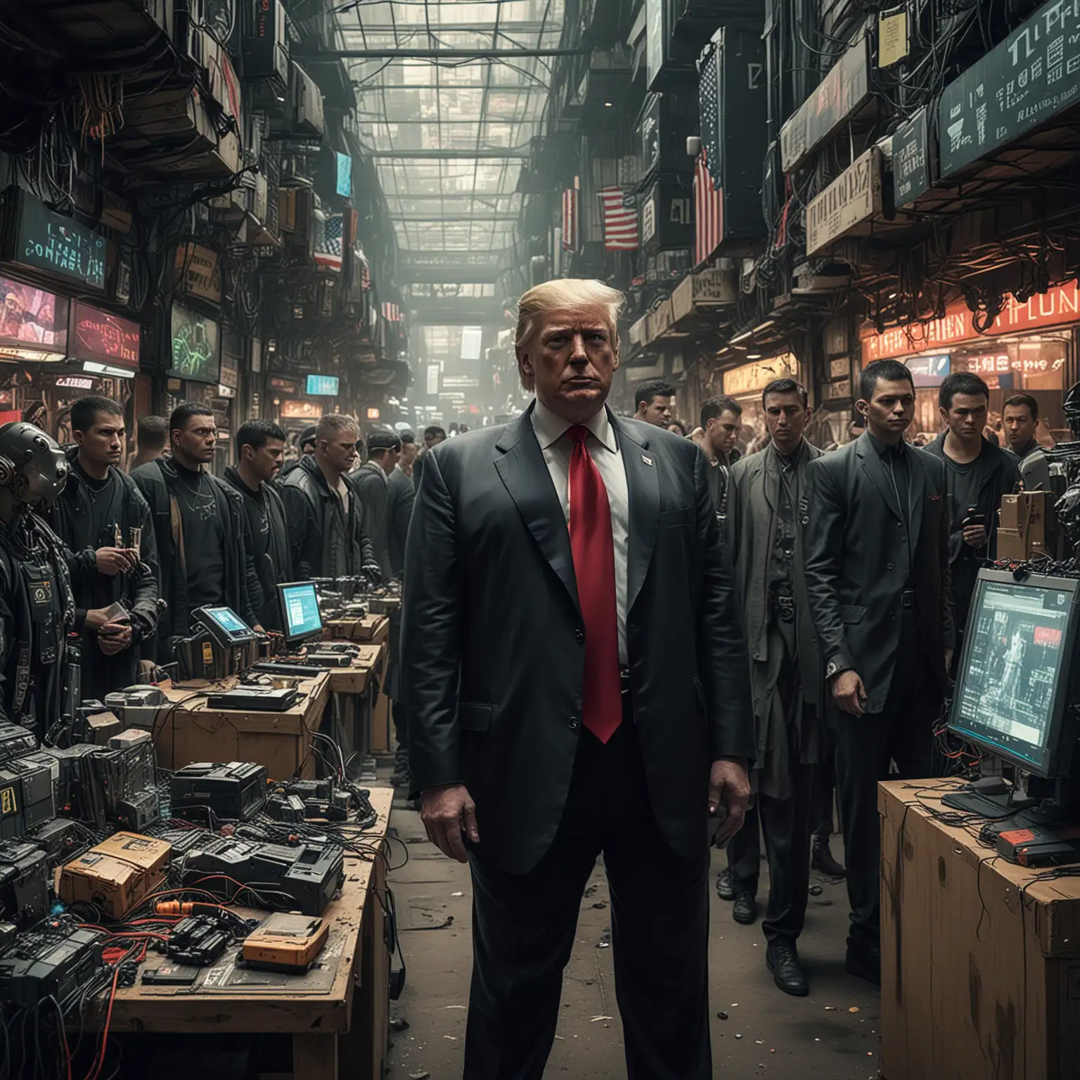 Cyberpunkstyle-Trump-in-a-Futuristic-Marketplace-Surrounded-by-Cybernetic-Vendors